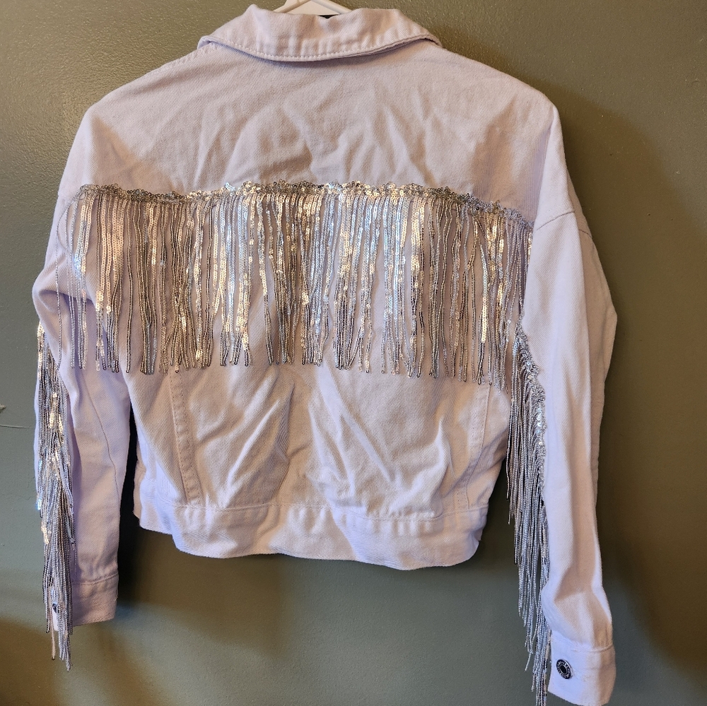 Shein Bae White Denim Crop Jacket Sequin Fringe Trim Disco Silver Retro Western - Picture 4 of 10